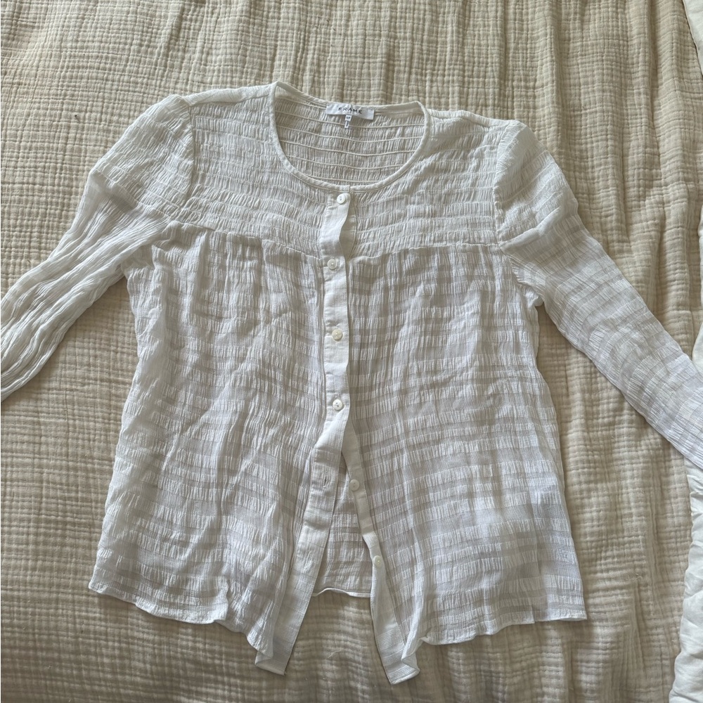 FRAME Smocked Collarless Blouse
in White